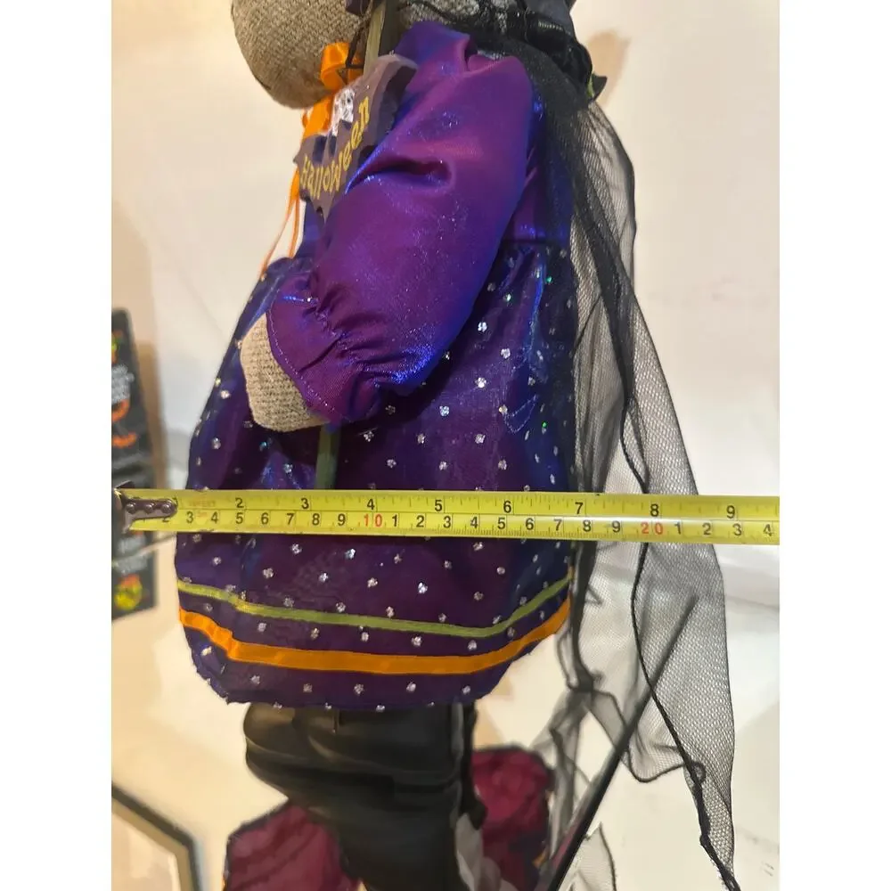 Vint plush teddy bear dressed in purple &black Halloween witch w/web &spider New